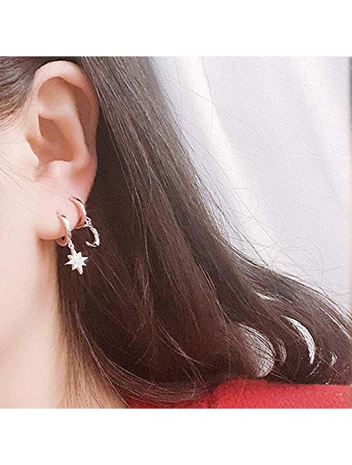 Small Dangle Hoop Earrings, Cute Star Moon Gold/Silver Mini Huggie Hoop Earrings with Charm for Women Ear Piercing Simple Jewelry Gift for Birthday Valentine's Day and Mo