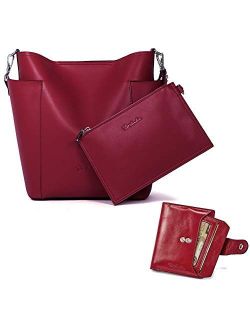Leather Bucket Handbag with Clutch Purse and RFID Blocking Small Bifold Wallet Bundle