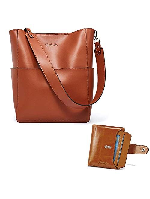 BOSTANTEN Women's Leather Designer Handbags Tote Purses Shoulder Bucket Bags and Leather Wallet RFID Blocking Small Bifold Zipper Pocket Wallet Card Case Brown Bundle
