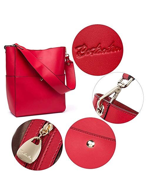 BOSTANTEN Women's Leather Designer Handbags Tote Purses Shoulder Bucket Bags and Leather Wallet RFID Blocking Small Bifold Zipper Pocket Wallet Card Case Red Bundle