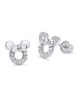 925 Sterling Silver Rhodium Plated Mouse Cubic Zirconia Screwback Baby Girls Earrings