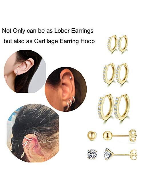 Silver Hoop Earrings for Women, 925 Sterling Silver Huggie Hinged Earrings with AAA Cubic Zirconia, Diameter 13mm Hypoallergenic Small Sleeper Hoop, 8/10/12/13MM