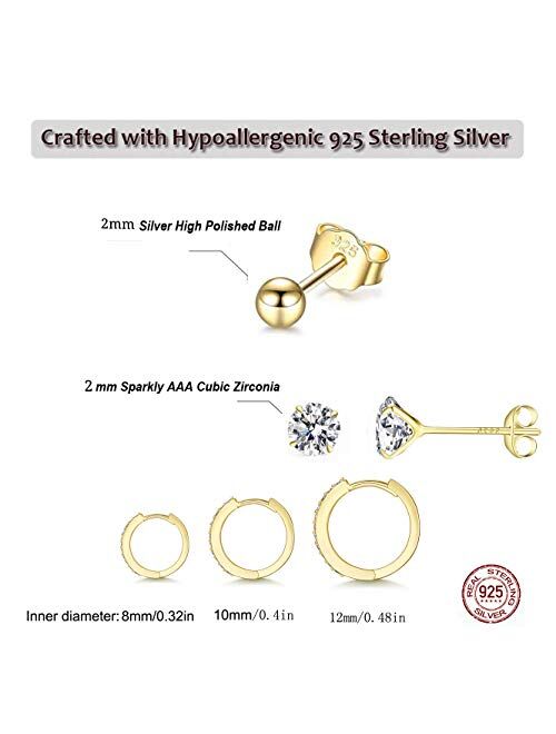 Silver Hoop Earrings for Women, 925 Sterling Silver Huggie Hinged Earrings with AAA Cubic Zirconia, Diameter 13mm Hypoallergenic Small Sleeper Hoop, 8/10/12/13MM