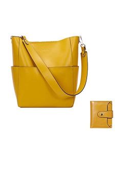 BOSTANTEN Women Leather Handbag Designer Top Handle Satchel Shoulder Bag  Crossbody Purse Yellow and Women Leather Wallet RFID Blocking Small Bifold