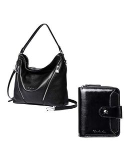 Women Leather Handbag Designer Large Hobo Purses Shoulder Bags and Leather Wallets for Women RFID Blocking Zipper Pocket Small Bifold Wallet Card Case Black