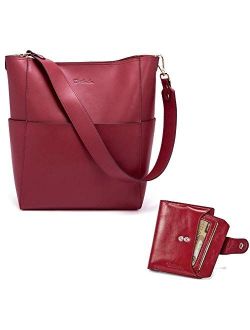 Women's Leather Designer Handbags Tote Purses Shoulder Bucket Bags and Leather Wallet RFID Blocking Small Bifold Zipper Pocket Wallet Card Case Red Bundle