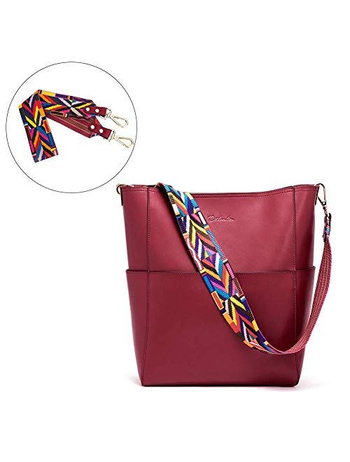 BOSTANTEN Women's Leather Designer Handbags Tote Purses Shoulder Bucket Bags and Leather Wallet RFID Blocking Small Bifold Zipper Pocket Wallet Card Case Red Bundle