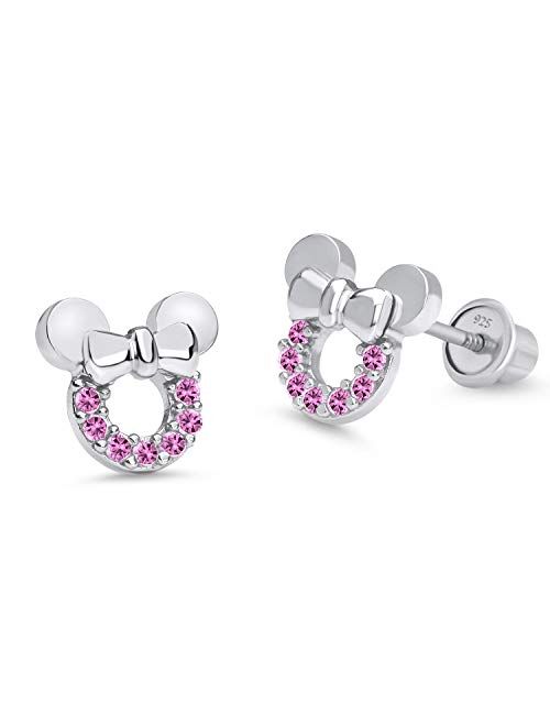 925 Sterling Silver Rhodium Plated Pink Mouse Cubic Zirconia Screwback Baby Girls Earrings