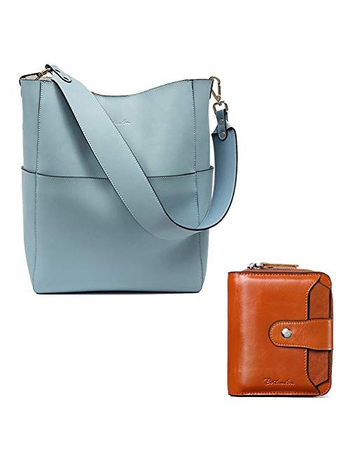 BOSTANTEN Women's Leather Designer Handbags Tote Purses Shoulder Bucket Bags Blue and Leather Wallets for Women RFID Blocking Zipper Pocket Small Bifold Wallet Brown Bund
