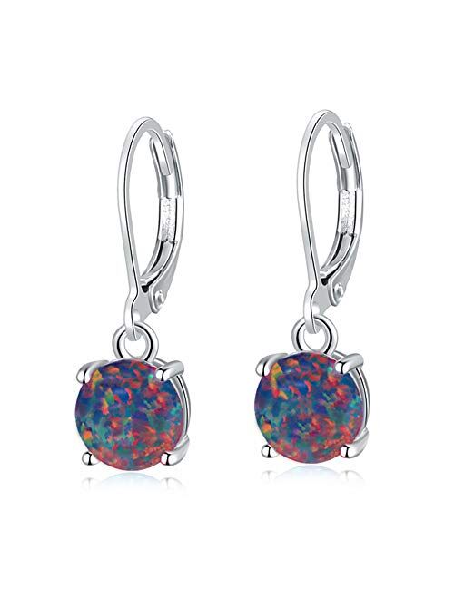 CiNily Round-Cut Opal Dangle Earrings, Blue/White/Pink/Green/Black Fire Opal Rhodium Plated Women Jewelry leverback Gems Drop Earrings