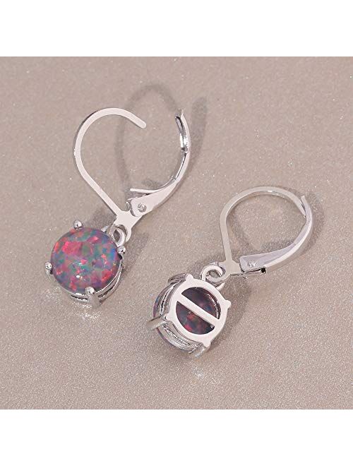 CiNily Round-Cut Opal Dangle Earrings, Blue/White/Pink/Green/Black Fire Opal Rhodium Plated Women Jewelry leverback Gems Drop Earrings