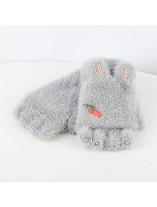 No-branded Cute Rabbit Ears Plush Gloves Girls Flipped Half Finger Gloves Outdoor Kids Winter Children Gloves SZMAABBC (Color : Gray, Size : 1)