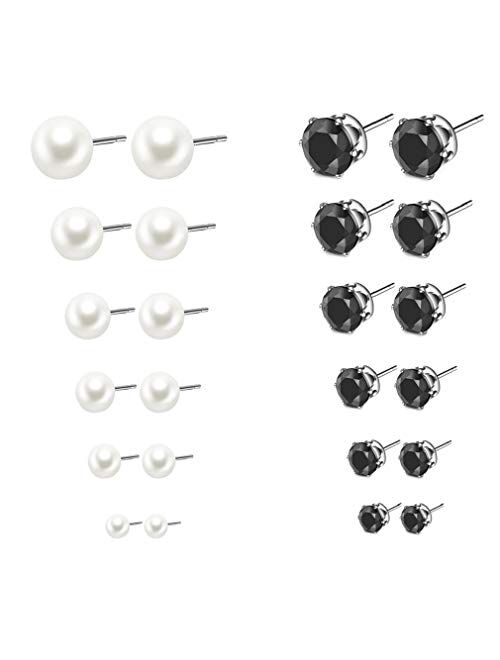 SUNSCSC Women's Stainless Steel Round Clear Cubic Zirconia Pearl Stud Earrings for Girls Gift 12 Pairs
