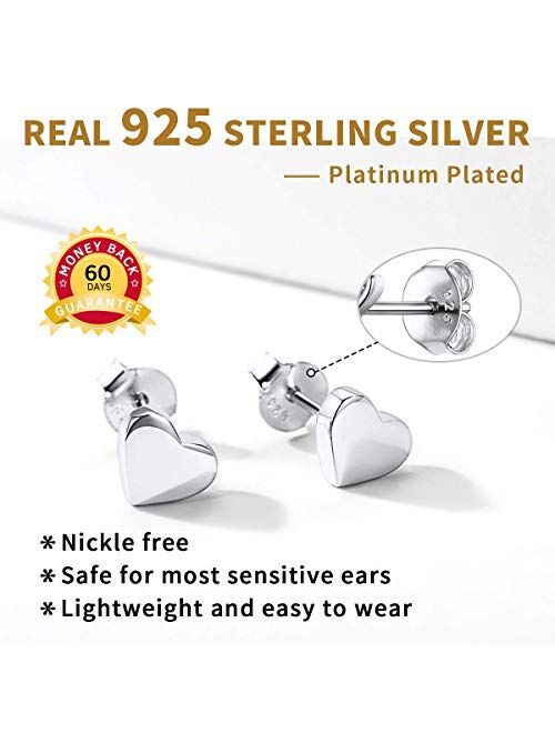 ChicSilver Hypoallergenic 925 Sterling Silver Stud Earrings for Women Girls, Dainty Simple Heart/Star/Moon/Bar/Circle Earrings (with Gift Box)