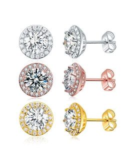 Gold Plated Cubic Zirconia Stud Earrings, with Large 7mm and 18pcs Small Bright CZ Stone Earrings