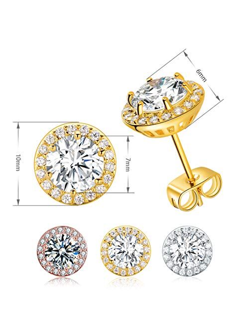 Gold Plated Cubic Zirconia Stud Earrings, with Large 7mm and 18pcs Small Bright CZ Stone Earrings