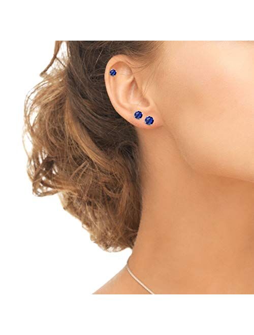 Sterling Silver Created Blue Sapphire Round-Cut Solitaire Stud Earrings for Women Teen Girls
