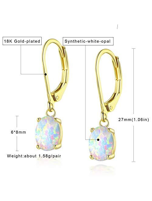 Opal Leveback Earrings Dangle White Rose Gold Plated for Women Girls Hypoallergenic 6x8mm