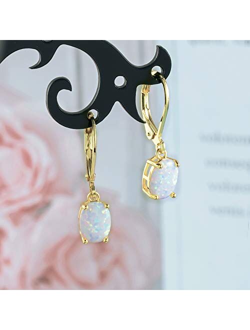Opal Leveback Earrings Dangle White Rose Gold Plated for Women Girls Hypoallergenic 6x8mm