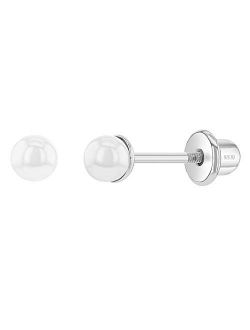 925 Sterling Silver Classic 3, 4, 5mm Simulated Pearl Girl's Earrings with Safety Screw Backs - Screwback Small Baby Earrings for Infants, Babies, Toddlers - Great Gift f
