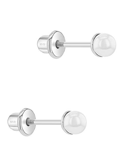 925 Sterling Silver Classic 3, 4, 5mm Simulated Pearl Girl's Earrings with Safety Screw Backs - Screwback Small Baby Earrings for Infants, Babies, Toddlers - Great Gift f
