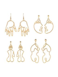 Gold Face Earrings Abstract Design - MOOKOO 4 Pair Hollow Picasso Hand Geometric Statement Earrings for Girls Teens Women