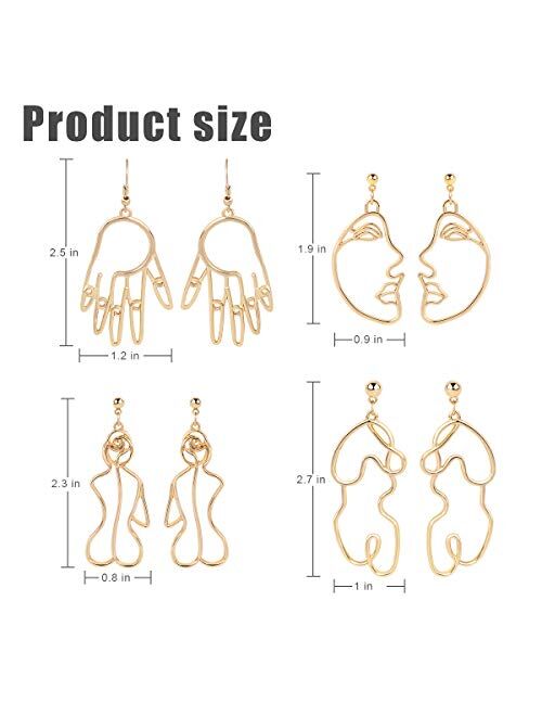 Gold Face Earrings Abstract Design - MOOKOO 4 Pair Hollow Picasso Hand Geometric Statement Earrings for Girls Teens Women