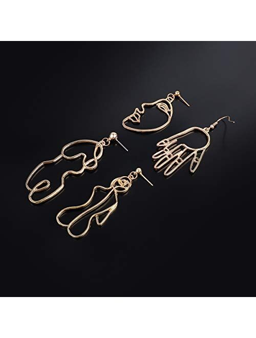 Gold Face Earrings Abstract Design - MOOKOO 4 Pair Hollow Picasso Hand Geometric Statement Earrings for Girls Teens Women