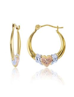 14K Yellow Gold Hearts Hoop Earrings with Hinged Clasp | Heart, Sideways Heart, Shrimp Heart and Triple graduated Heart | Solid Gold Earrings for Women and Girls