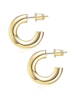 Wowshow Chunky Gold Hoop Earrings, Small Gold Hoop Earrings for Women 14K Real Gold Plated Thick Open Hoops Lightweight