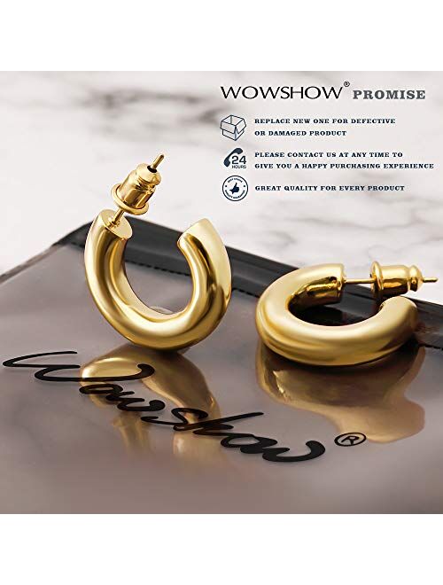 Wowshow Chunky Gold Hoop Earrings, Small Gold Hoop Earrings for Women 14K Real Gold Plated Thick Open Hoops Lightweight