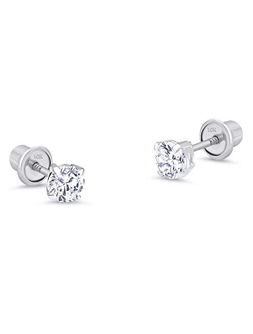 Lovearing 10k White Gold Basket Round CZ Cubic Zirconia Solitaire Children Stud Screwback Baby Girls Earrings