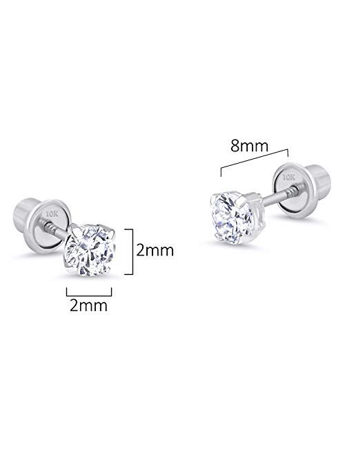 Lovearing 10k White Gold Basket Round CZ Cubic Zirconia Solitaire Children Stud Screwback Baby Girls Earrings