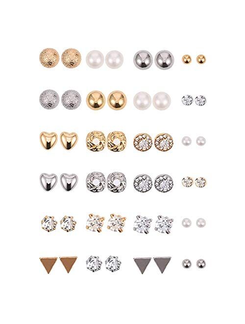 Aganippe 12/30 Pairs Assorted Stainless Steel Stud Earrings Set for Teens Girls Women Mini Hoop Earrings Animal Pearl Crystal Geometric Stud Cat Heart-shaped Gifts Cute E