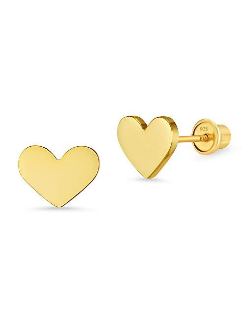 Lovearing 14k Gold Plated Brass Plain Heart Screwback Baby Girls Earrings with Sterling Silver Post