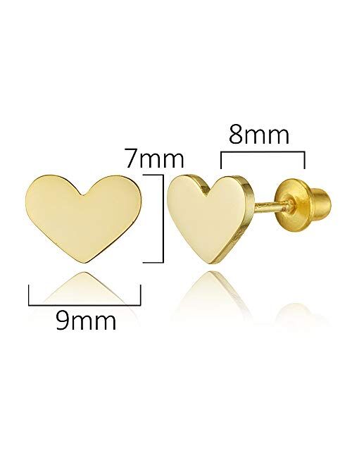 Lovearing 14k Gold Plated Brass Plain Heart Screwback Baby Girls Earrings with Sterling Silver Post