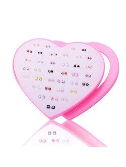 Royal Amoyy 36 Pairs Stud Earrings with Heart Shape Gift Box, Hypoallergenic Earrings for Girls and Women, Colorful Ear Stud Jewelry Set, Multiple Size and Patterns