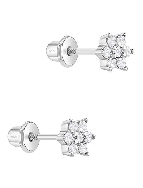 925 Sterling Silver 5mm Multicolor Cubic Zirconia Flower Screw Backs for Young Girls - Dainty Flower Screw Backs for Infants, Toddlers - CZ Floral Studs with Safety Screw