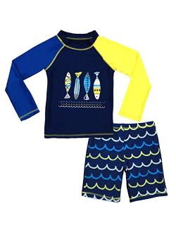 Boys Two Piece Rash Guard Swimsuits Kids Long Sleeve Sunsuit Swimwear Sets