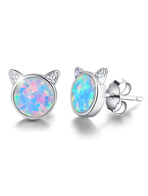 ✦Gifts for Mother's Day✦18K Gold Plating 925 Sterling Silver Opal Cat Stud Earrings Cute Cat with Natural Stone Hypoallergenic Earrings Gifts for Women Girls Mom Mother W