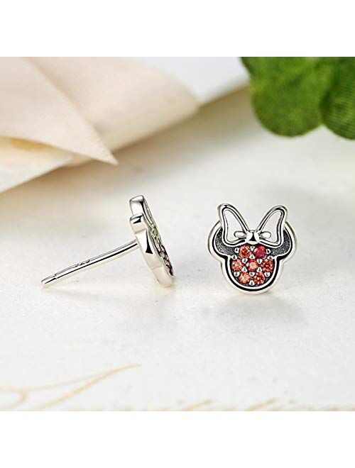 BISAER Mini Mouse Stud Earrings 925 Sterling Silver Stud Earrings with Fashion Cubic Zirconia Studs for Girls and Women …