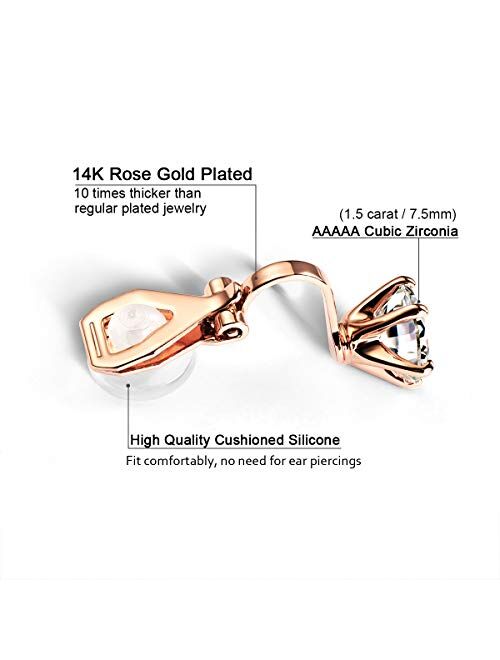 14K Rose Gold Plated 1.5 Carat CZ Clip-On Earrings - 7.5mm Round Cut Simulated diamond Clip-ons