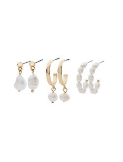 Stella & Haas 'Tis The Season Huggie Set, Pearl Huggie Earring Set of Three, Gold-Plated Sterling Silver Hypoallergenic, Freshwater Pearls