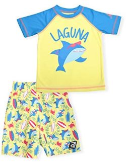 LAGUNA Boys UPF 50+ Swim Set with Short Sleeve Rashguard Sun Shirt and Print Boardshorts