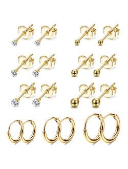 Jstyle 9Pairs Stainless Steel Tiny Cartilage Earrings Studs for Women CZ Balls Tragus Helix Endless Hoop Piercing Earring Set