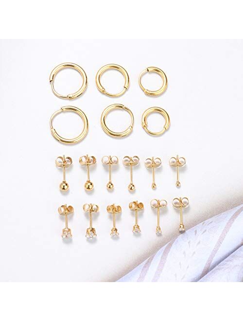 Jstyle 9Pairs Stainless Steel Tiny Cartilage Earrings Studs for Women CZ Balls Tragus Helix Endless Hoop Piercing Earring Set