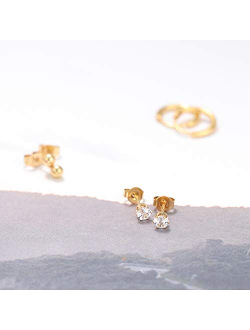 Jstyle 9Pairs Stainless Steel Tiny Cartilage Earrings Studs for Women CZ Balls Tragus Helix Endless Hoop Piercing Earring Set