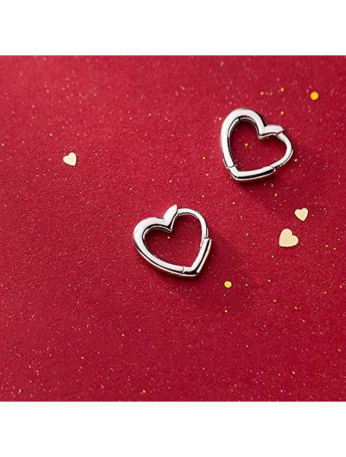 Dainty Love Heart Shaped Small Hoop Sleeper Earrings for Women Teen Girls S925 Sterling Silver 14K Daith Heart Cartilage Tragus Cute Minimalist Hoops Jewelry Gift Best Fr