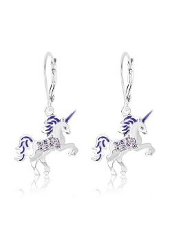 Kids Earrings - White Gold Enamel Unicorn Crystal Earrings with Silver Leverbacks Baby, Girls, Children