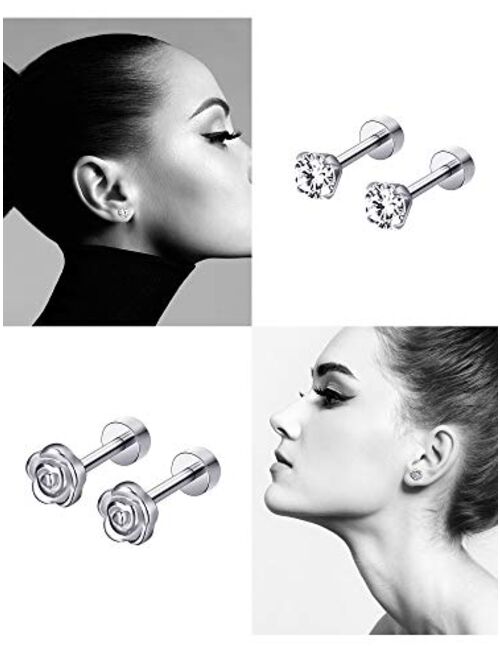 Stainless Steel Stud Earrings Cartilage Tragus Barbell Studs Rhinestone Inlaid CZ Ear Screwback Piercings, 16 Pairs (Steel)